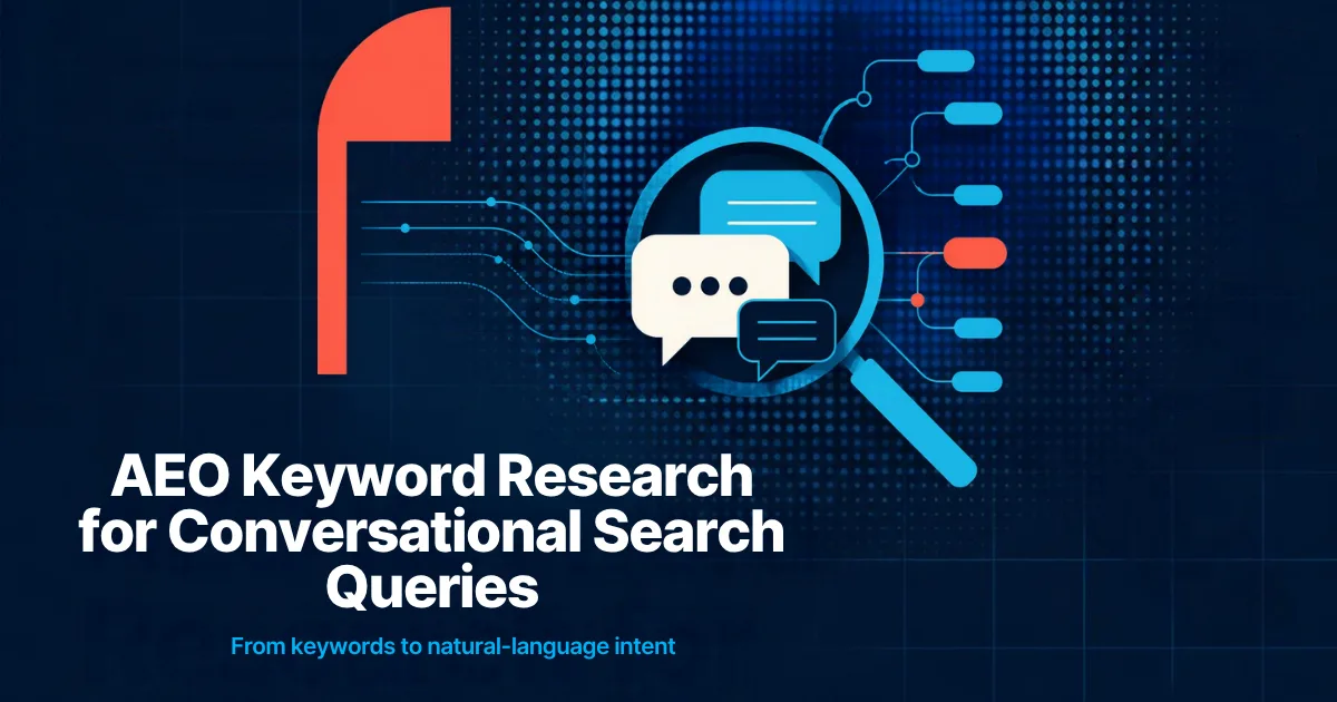 Dark blue tech graphic of a magnifying glass over chat bubbles, connected by lines to a branching network of nodes, representing conversational search research.