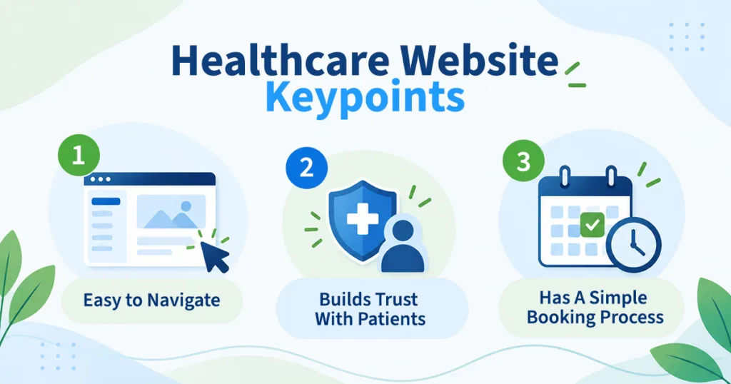 Infographic listing three key healthcare website traits: easy navigation, patient trust, and simple booking, each with an icon.