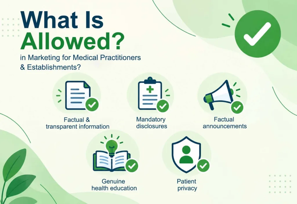 Infographic illustrating permitted medical marketing practices, including factual information, mandatory disclosures, factual announcements, genuine health education, and patient privacy.
